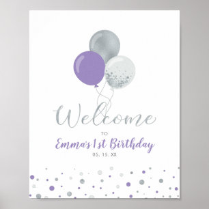 Silberne und violette Luftballons Mädchen 1. Gebur Poster