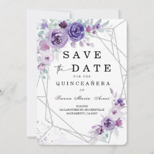 Silberne und violette Quinceañera-Sparen-Sie-den-D Einladung