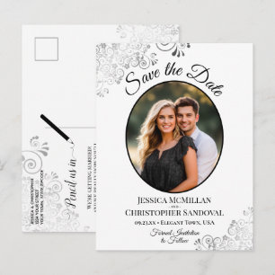 Silberne und weiße Hochzeit - Save-the-Date - oval Ankündigungspostkarte