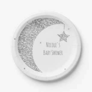 Silberne und weiße Mond- und Sternen-Baby-Party Pappteller