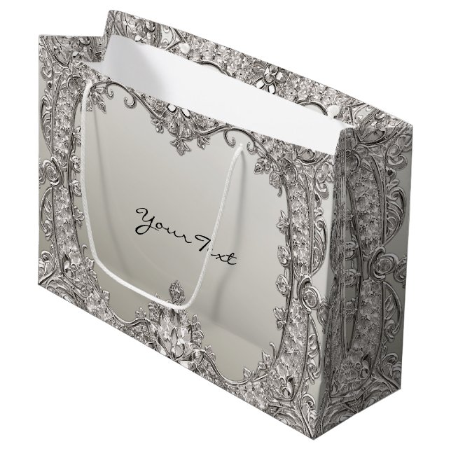 Silberne Verzierte moderne Geschenktasche Große Geschenktüte (Vorderseite Schrägansicht)