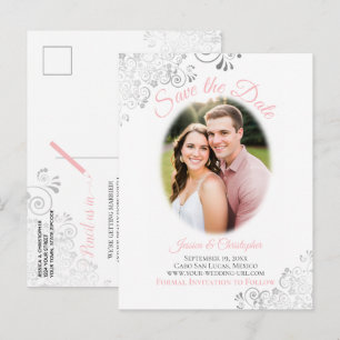 Silberne Verzierungen mit Foto Rosa Hochzeit Save  Ankündigungspostkarte