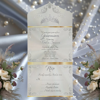 Silberne Vintage-Rand-Quinceanera - Grün All In One Einladung