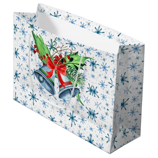 Silberne Weihnachtsglocken, Holly und Blaue Schnee Große Geschenktüte (Vorderseite Schrägansicht)