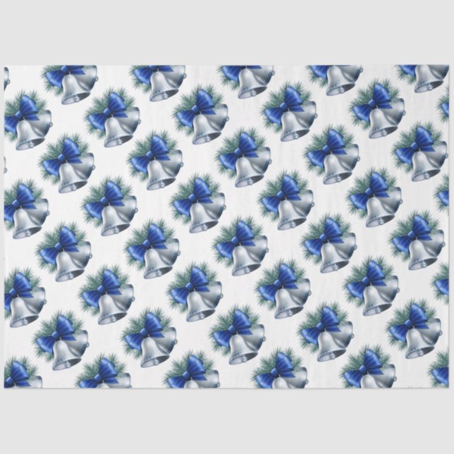 Silberne Weihnachtsglocken mit Blue Bow Seidenpapier (Vorderseite)