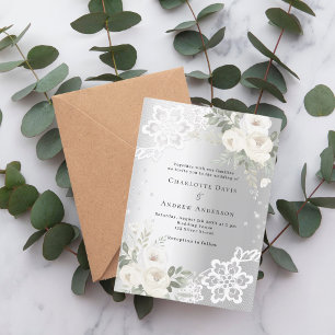 Silberne weiße Blumen Diamanten Luxus Hochzeit Einladung