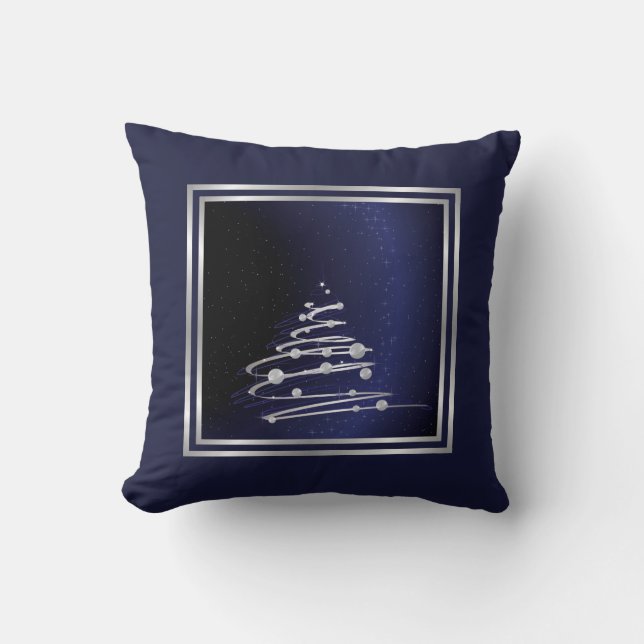 Silberner Abstrakter Weihnachtsbaum auf blau Kissen (Vorderseite)
