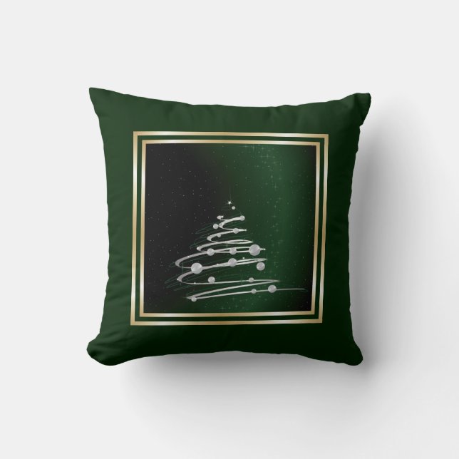 Silberner Abstrakter Weihnachtsbaum auf Grün Kissen (Vorderseite)