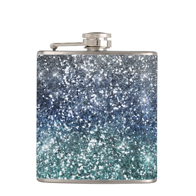 Silberner aquamariner blauer Glitzer-Blick Flachmann (Vorderseite)
