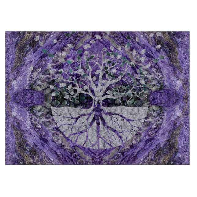 Silberner Baum des Lebens Yggdrasil auf Amethyst Schneidebrett (Vorderseite)