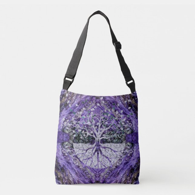 Silberner Baum des Lebens Yggdrasil auf Amethyst Tragetaschen Mit Langen Trägern (Vorderseite)