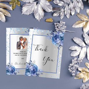 Silberner, blauer, floraler Glitter-Foto-Hochzeit Dankeskarte