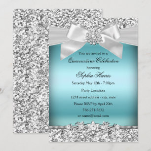 Silberner blauer Glitter-Juwel-Bogen Quinceanera Einladung