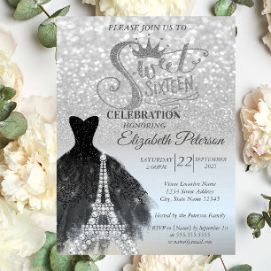 Silberner Bokeh Schwarzes Kleid Eiffelturm Sweet 1 Einladung