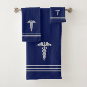 Silberner Caduceus & Streifen auf Marineblau Badhandtuch Set