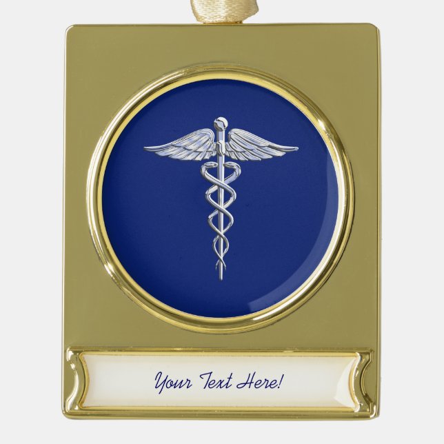 Silberner Chromcaduceus-medizinisches Symbol auf Banner-Ornament Gold (Vorderseite)