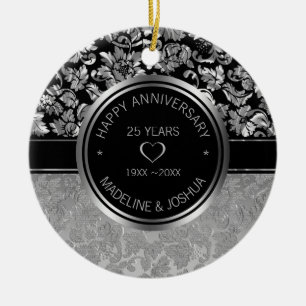 Silberner Damast und silber-schwarze Herzen Kerami Keramik Ornament