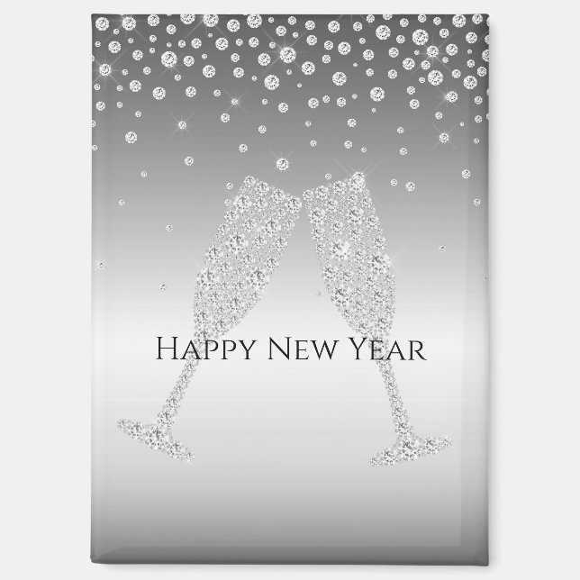 Silberner Diamant Glitzer Champagnerglas Neujahr Magnet (Vorderseite)