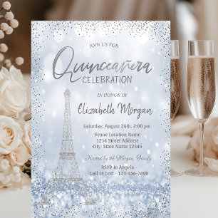 Silberner Eiffelturm Konfetti Bokeh Quinceañera Einladung