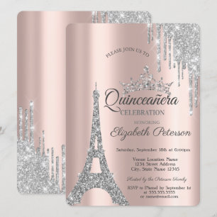 Silberner Eiffelturm Paris, Tröpfchen Quinceañera  Einladung
