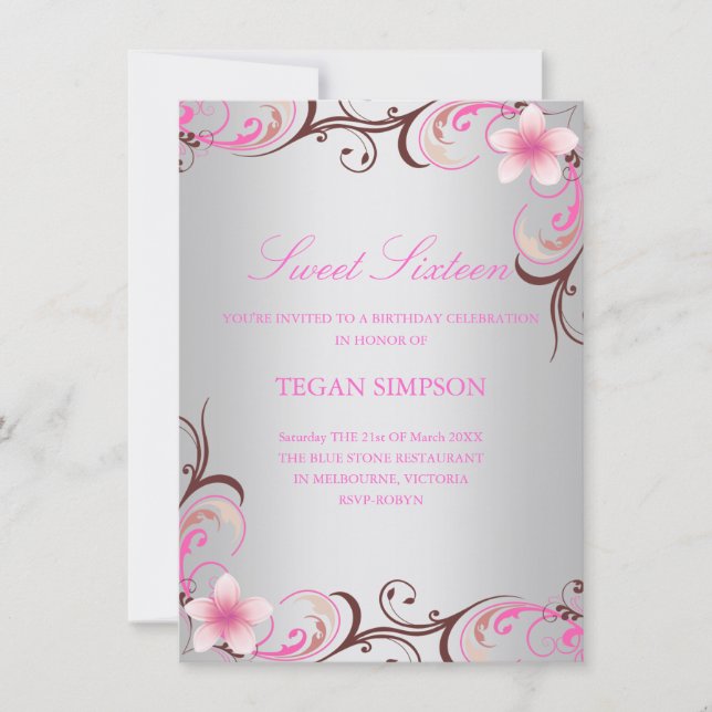 Silberner Frangipani-16. Geburtstag-Geburtstag Einladung (Vorderseite)