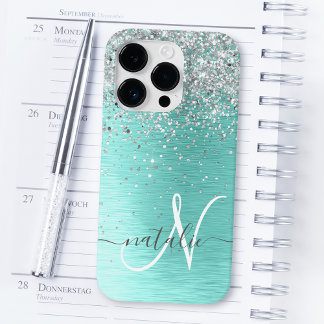 Silberner gebürsteter Metall-Glitter-Monogramm-Nam iPhone 14 Pro Hülle