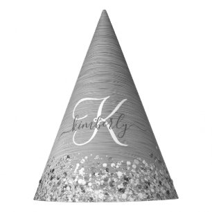 Silberner gebürsteter Metall-Glitter-Monogramm-Nam Partyhütchen
