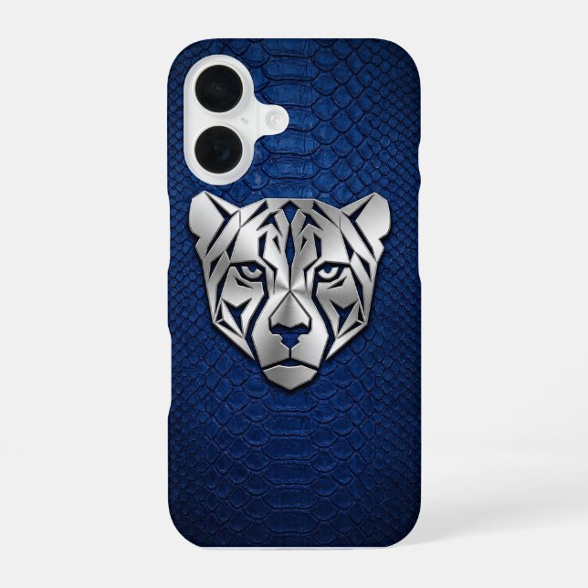 Silberner geometrischer Leopard Blaues Schlangenle iPhone 16 Hülle (Rückseite)