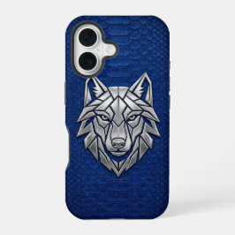 Silberner geometrischer Wolf Blaue Schlangenhaut i iPhone 16 Hülle