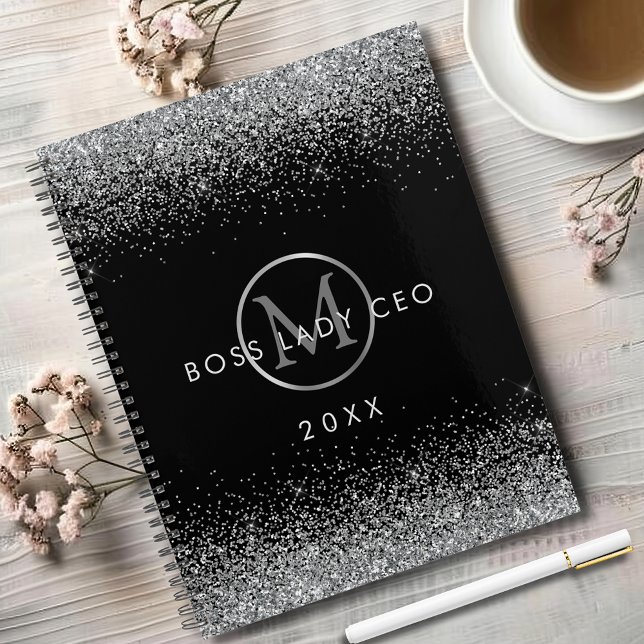 Silberner Glitter-Boss-Lady-CEO-Monogramm Planer (Sparkly Silver Glitter Boss Lady CEO Black Monogram Annual Planner)