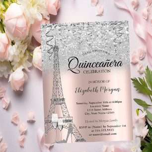 Silberner Glitter-Eiffelturm, Glas Rose Gold Einladung