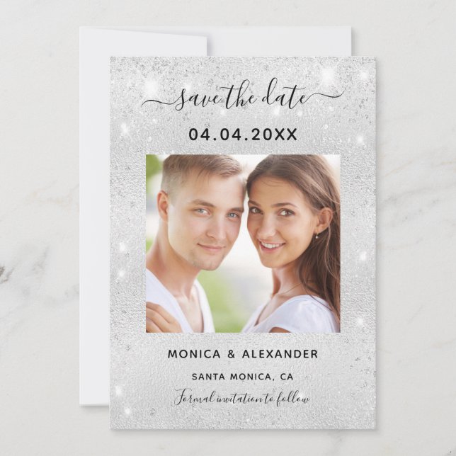 Silberner Glitter-Foto-QR-Code-Hochzeit Save The Date (Vorderseite)