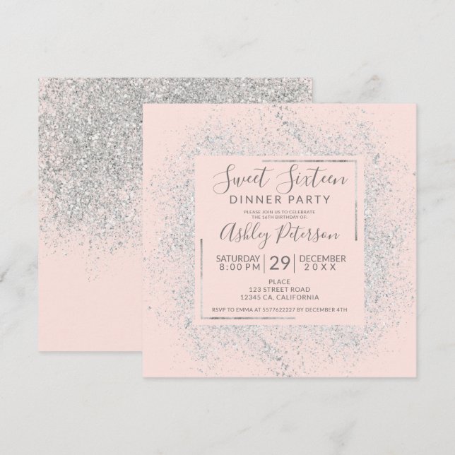 Silberner Glitterrahmen Chic erröten rosa Bonbon Einladung (Vorne/Hinten)