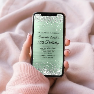Silberner Glitzer Blassminze Foil 50. Geburtstag Einladung