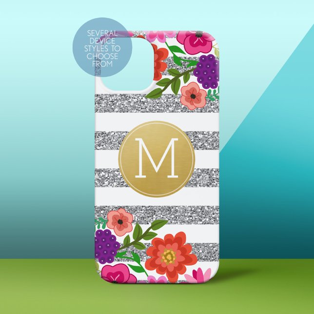 Silberner Glitzer, Blume, Streifen, Goldmonogramm Case-Mate iPhone 14 Hülle (Personalized Phone Case)