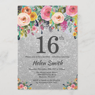 Silberner Glitzer-Blumen16. Geburtstags-Einladung Einladung