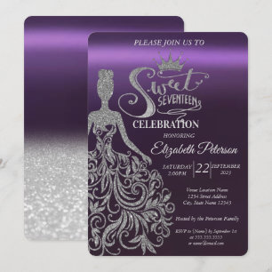 Silberner Glitzer Bokeh, Kleid, Tiara, Lila süß 17 Einladung