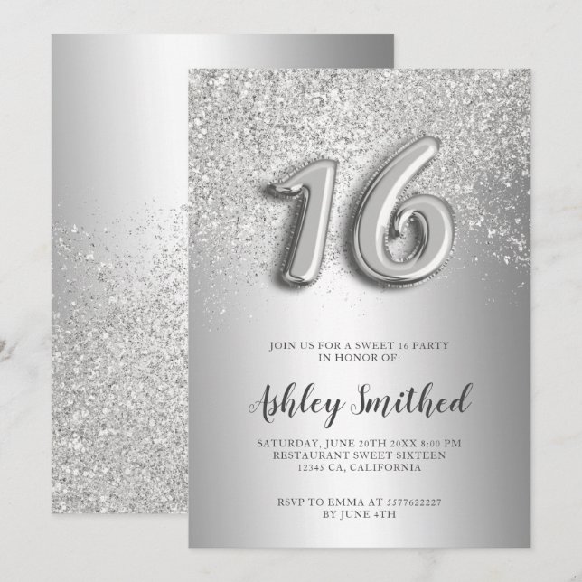 Silberner Glitzer Buchstaben metallisch schick süß Einladung (Vorne/Hinten)