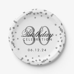 Silberner Glitzer Confetti Weiß 30. Geburtstag Pappteller