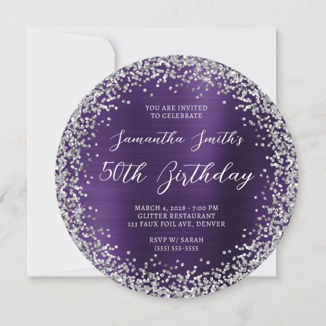 Silberner Glitzer Dunkler Violettstreifen 50. Gebu Einladung (Vorderseite)