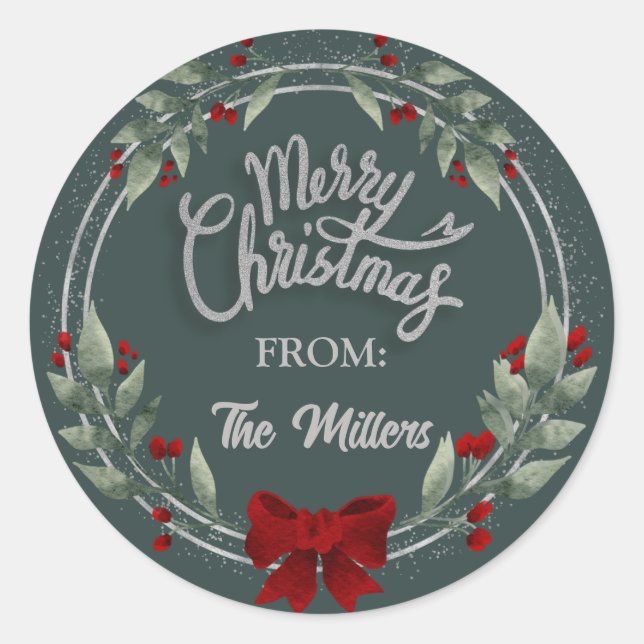 Silberner Glitzer Frohe Weihnachtskrautsticker Runder Aufkleber (Vorderseite)