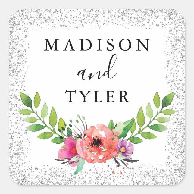 Silberner Glitzer Glitzern Watercolor Blumenstraub Quadratischer Aufkleber (Vorderseite)