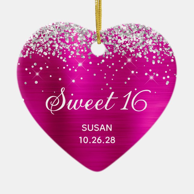 Silberner Glitzer Hot Foil Foil Sweet 16 Foto Keramik Ornament (Vorne)