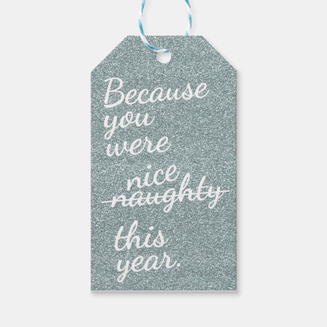 Silberner Glitzer mit "Naughty or Nice" in Weiß Geschenkanhänger (Vorderseite)