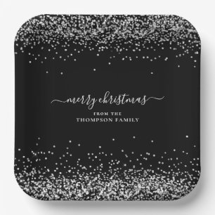 Silberner Glitzer Name Frohe Weihnachten Schwarz Pappteller