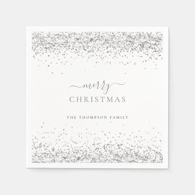 Silberner Glitzer Name White Frohe Weihnachten Serviette (Vorderseite)