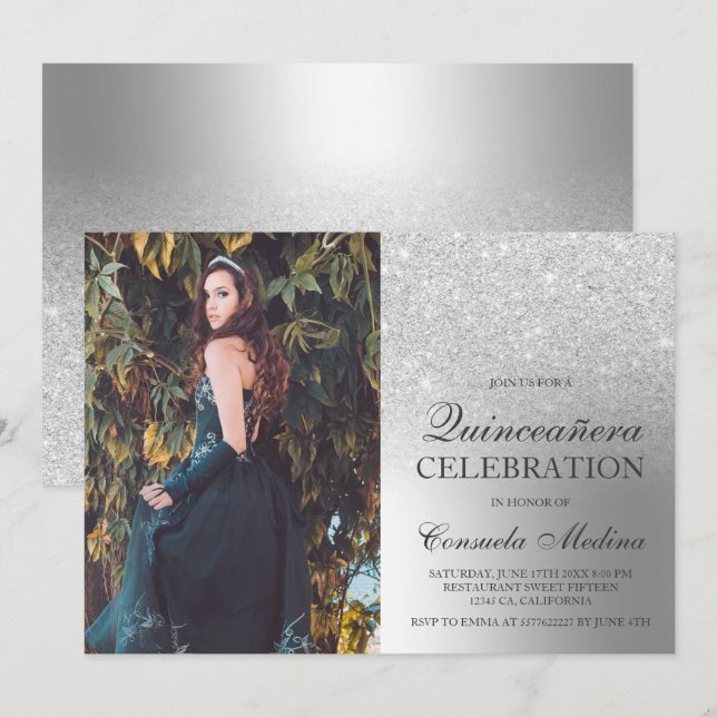 Silberner Glitzer ombre Metallisches Foto Quinceañ Einladung (Vorne/Hinten)