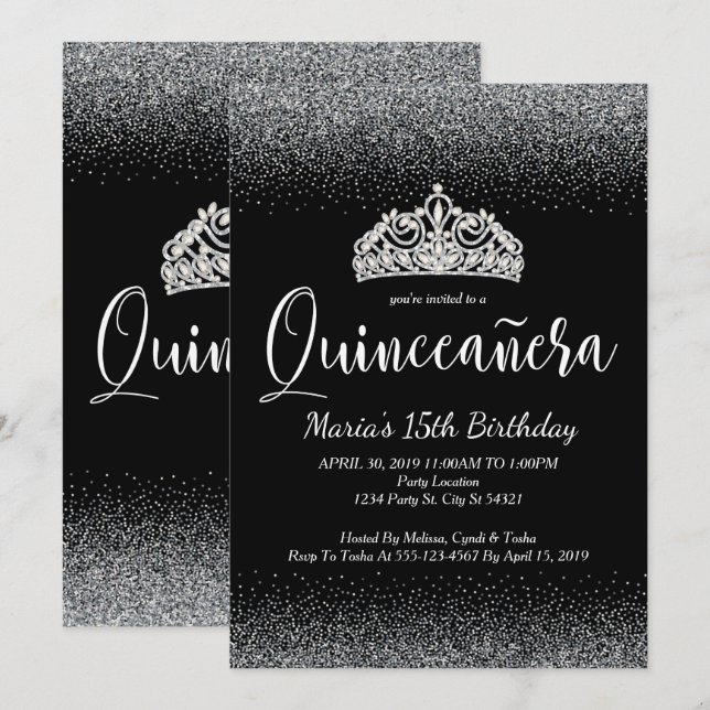 Silberner Glitzer, Quinceanera Einladungen (Vorne/Hinten)