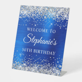 Silberner Glitzer Royal Blue Foil 50. Geburtstag Sockelschild
