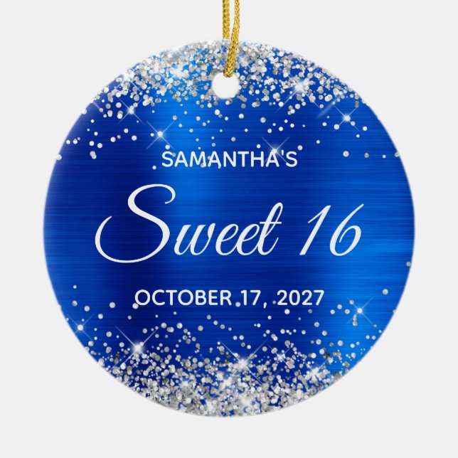 Silberner Glitzer Royal Blue Foil Sweet 16 Geburts Keramik Ornament (Vorne)